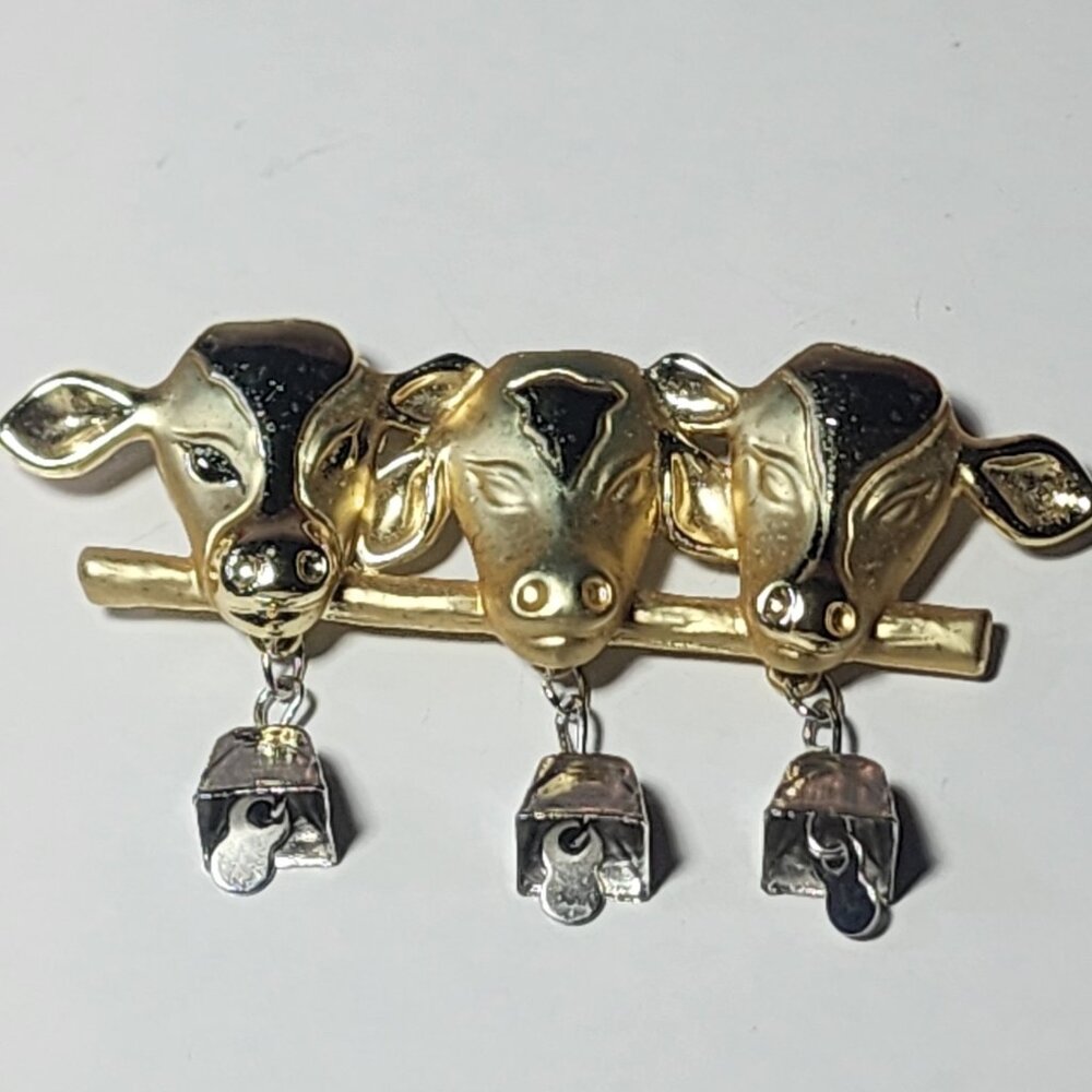 Vintage AJC Signed Brooch Pin - Three Cows with Dangling Cowbells, Gold Tone